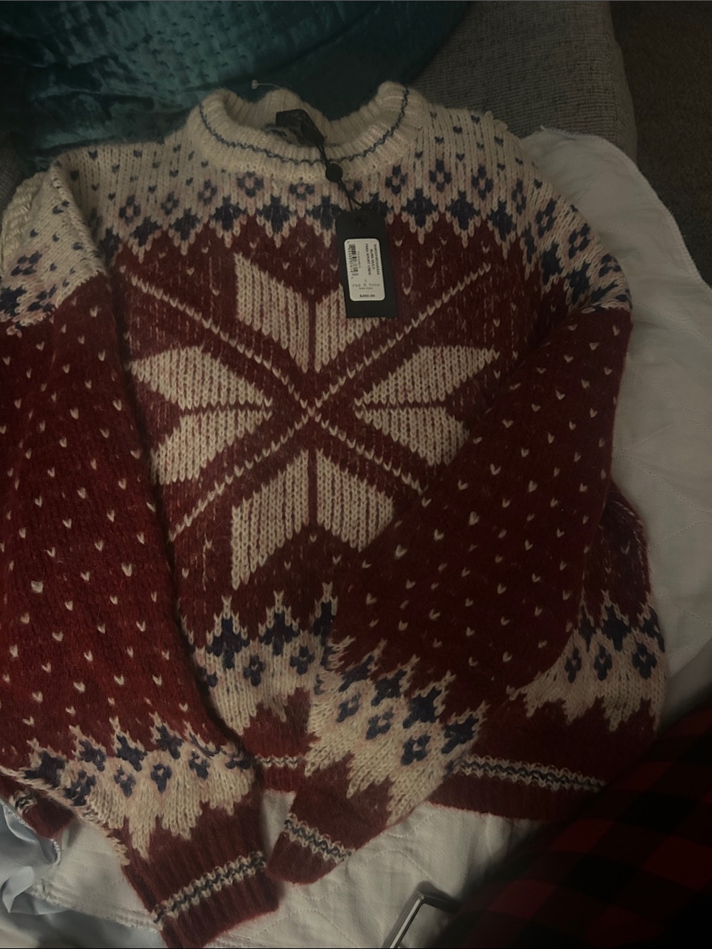 rag & bone Maroon and Cream Fair Isle Star Crewneck Sweater